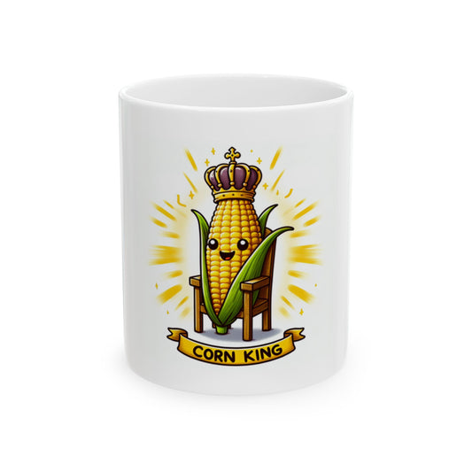 Whimsical Corn King Ceramic Mug, Funny Novelty Cup for Coffee or Tea, Unique Kitchen Drinkware, Corn Lovers Gift, Farmhouse Decor, 11oz 15oz